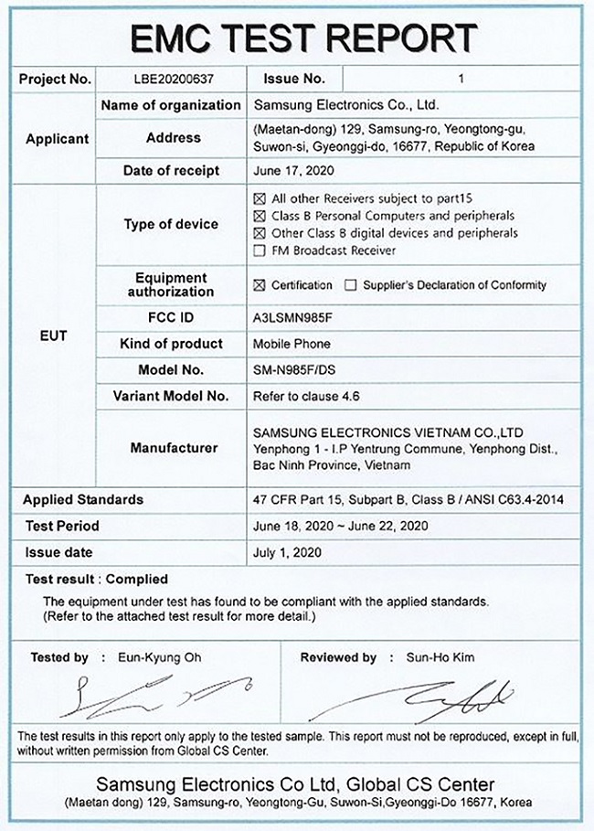 Biến thể LTE của Samsung Galaxy Note 20+ đạt chứng nhận FCC