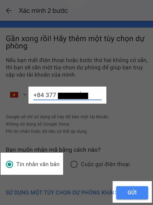 Gửi để hoàn tất thiết lập