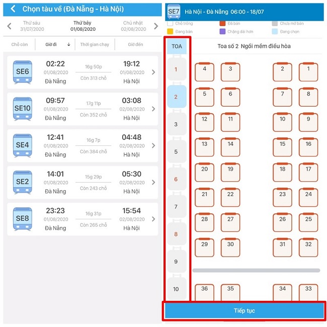 Chọn chuyến đi, toa và ghế ngồi