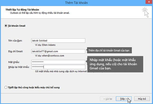 Trên trang Thiết lập Tài khoản Tự động tiến hành thêm tài khoản Gmail