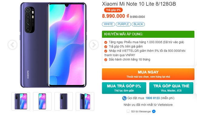 Mua ngay Xiaomi Mi Note 10 Lite giá hấp dẫn 8.990.000 đồng tại Viettel Store