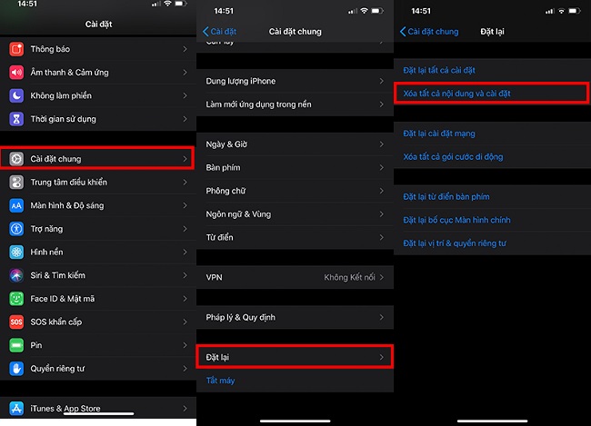 Tiến hành xóa tất cả nội dung và cài đặt