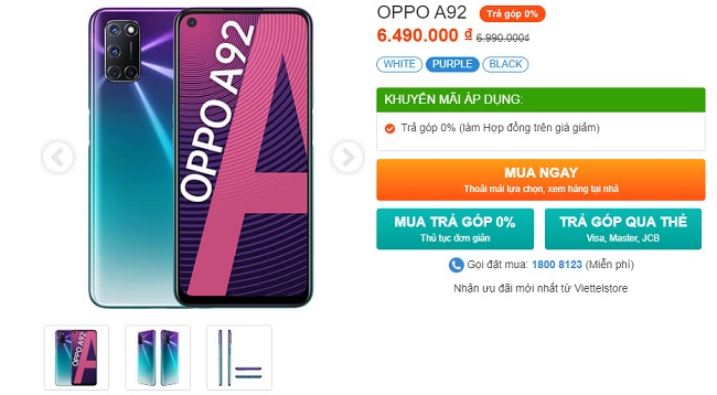 Mua OPPO A92 giá giảm chỉ 6.490.000 đồng, đủ màu tại Viettel Store