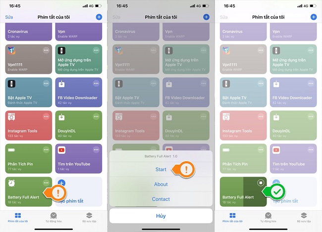 Khởi chạy phím tắt Battery Full Alert và bhấn Start là xong