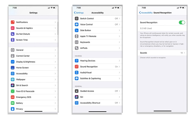 Gạt "công tắc" sang phải để bật tính năng Nhận dạng âm thanh trong mục Trợ năng