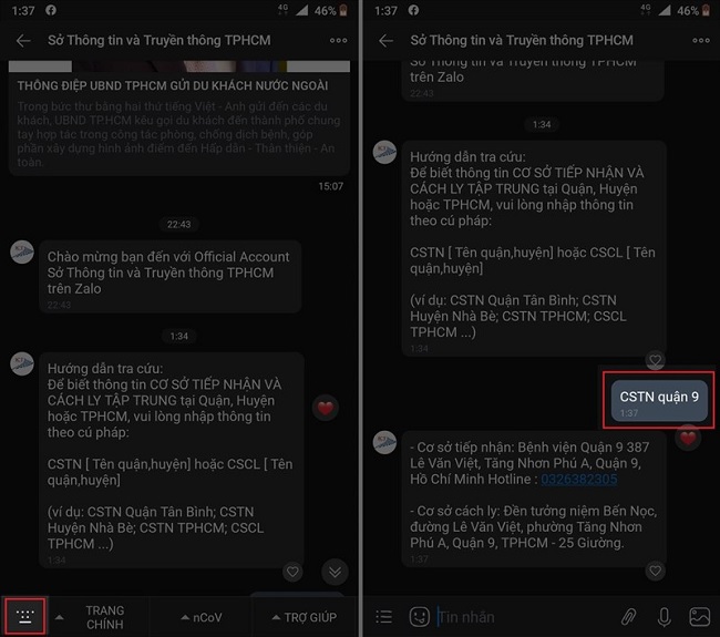 Soạn tin nhắn theo cú pháp để tra cứu thông tin, địa điểm cách ly tập trung SARS-CoV-2