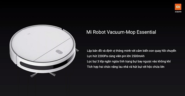 Mi Robot Vacuum-Mop Essential được trang bị viên pin 2.500 mAh, lực hút 2.200 Pa, lọc bụi 3 lớp