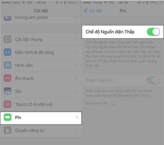 Vào cài đặt -> chọn Pin -> chọn “Chế độ nguồn điện thấp” để kích hoạt tính năng này