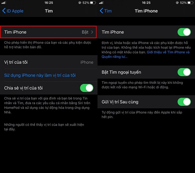 Bật tất cả các tính năng trong mục tìm iPhone