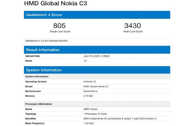 Nokia C3 xuất hiện trên danh sách Geekbench