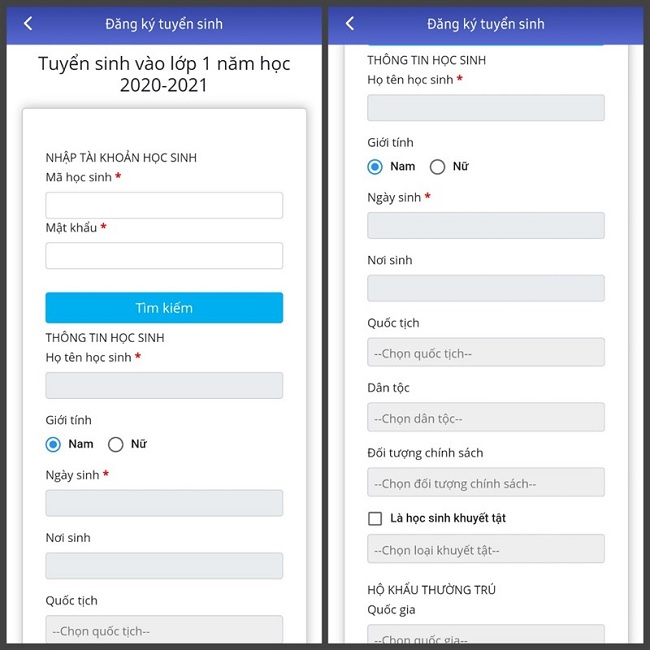 Nhập các thông tin của học sinh