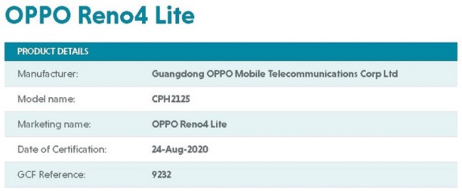 Chứng nhận GCF cho biết về màn hình OPPO Reno4 Lite