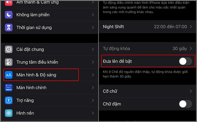Tắt tính năng “Tự động bật màn hình” bằng cách vào Cài đặt -> chọn Màn hình và độ sáng -> chọn “Đưa lên để bật” -> gạt sang trái để tắt