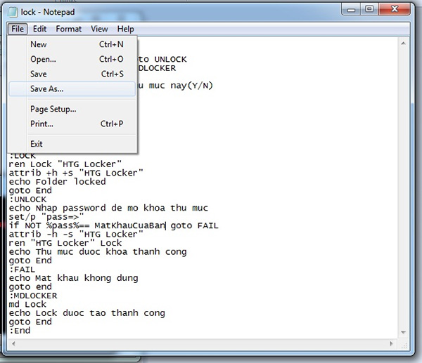Lưu lại file với tên locker.bat