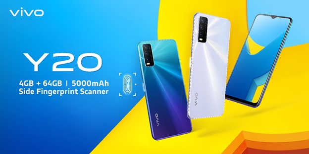 Hình ảnh về vivo Y20 với hai màu sắc trắng, xanh cùng điểm nhấn về dung lượng pin và vân tay cạnh