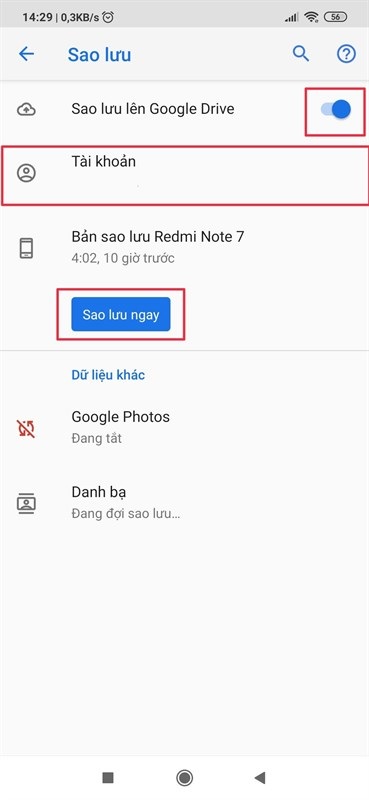 Sau khi chọn tài khoản thì nhấn Sao lưu ngay