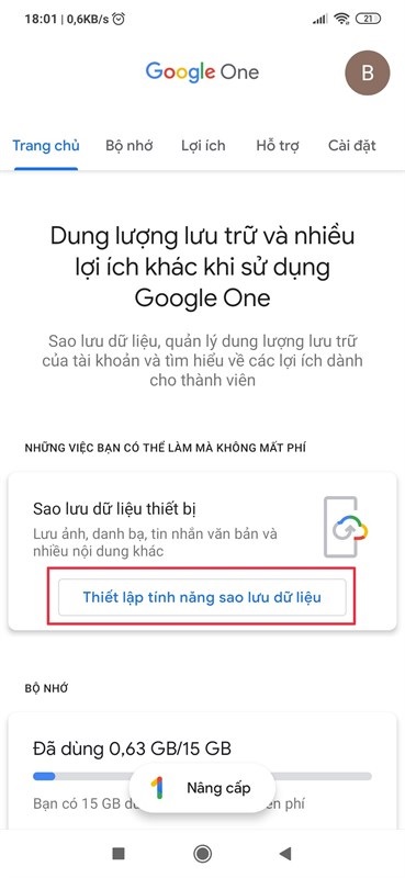 Bây giờ bạn hãy thiết lập tính năng sao lưu dữ liệu ngay nhé
