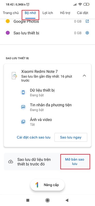 Vào mở bản sao lưu để kiểm tra