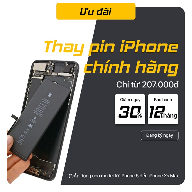 Giảm giá 30% thay pin iPhone cho tất cả các khách hàng (áp dụng cho model iPhone 5 đến iPhone Xs Max) - Giá chỉ từ 207.000đ
