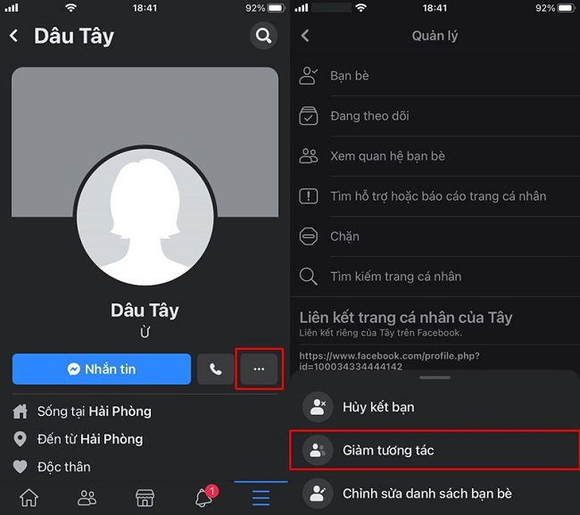 Bạn vào Facebook của người cần chặn và thực hiện như trong hình