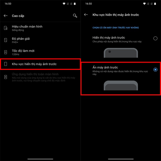 Chọn Khu vực hiển thị máy ảnh trước > Ẩn máy ảnh trước