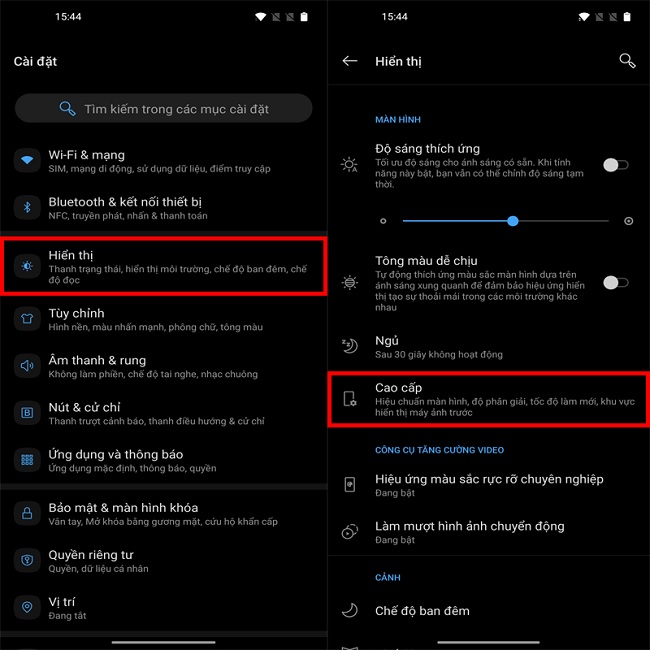 Vào Cài đặt > Hiển thị > Cao cấp