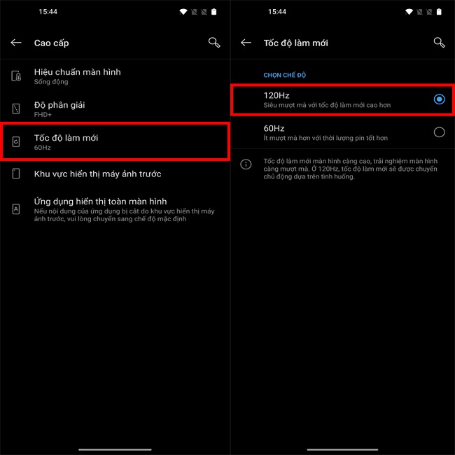 Chọn Tốc độ làm mới, và tại đây, bạn chọn Chế độ 120Hz siêu mượt mà