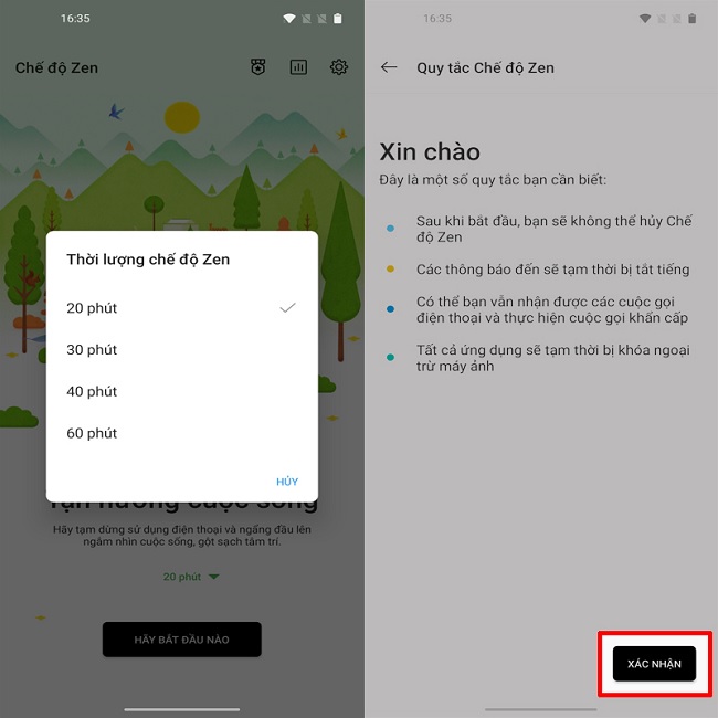 Chọn Thời lượng chệ độ Zen, chọn Xác nhận để tận hưởng những phút giây an yên