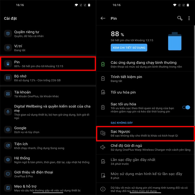 Vào mục Cài đặt, chọn Pin, chọn Sạc ngược