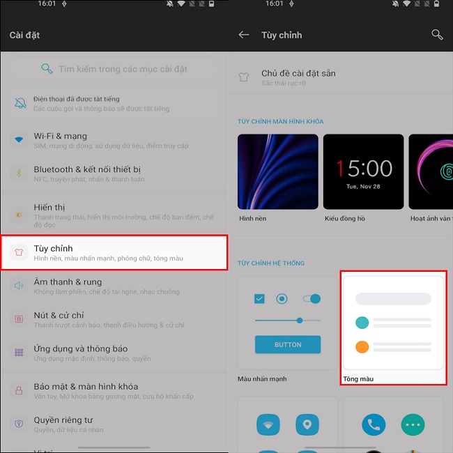 Vào Cài đặt > Tùy chỉnh > Tông màu
