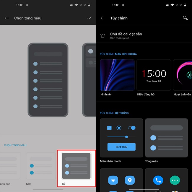 Trong mục Chọn tông màu, bạn chọn Tối. Ngay lập tức, Dark Mode sẽ được kích hoạt