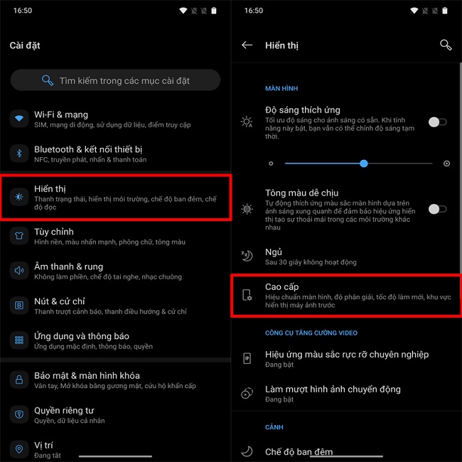 Vào mục Cài đặt > Hiển thị > Cao cấp