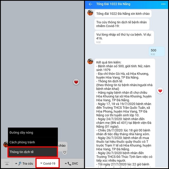 Đây là kết quả trả về khi tra cứu hành trình bệnh nhân COVID-19