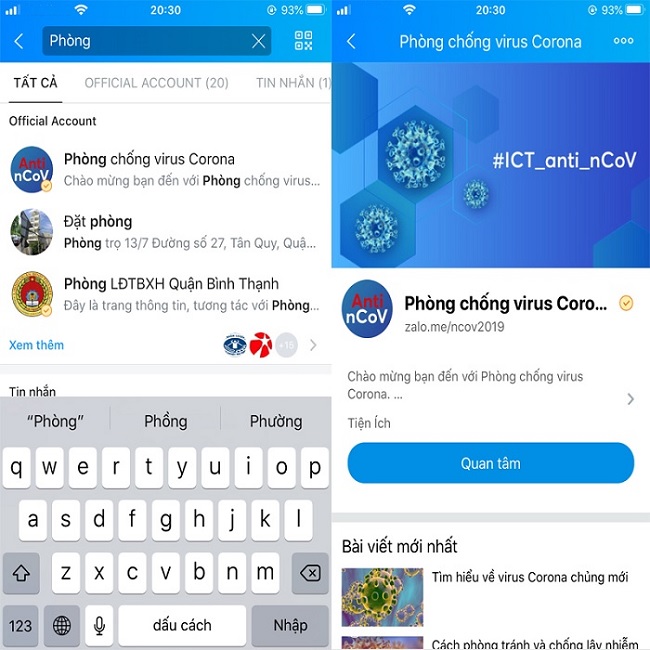 Theo dõi ngay Bộ Y Tế và Phòng chống virus corona trên Zalo
