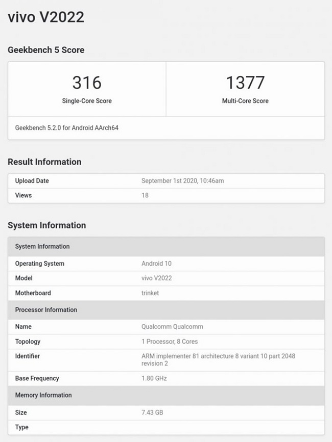 Vivo V20 SE lộ diện cấu hình trên Geekbench