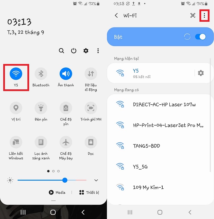 Thao tác trên mục Wifi để mở tính năng Wifi Direct