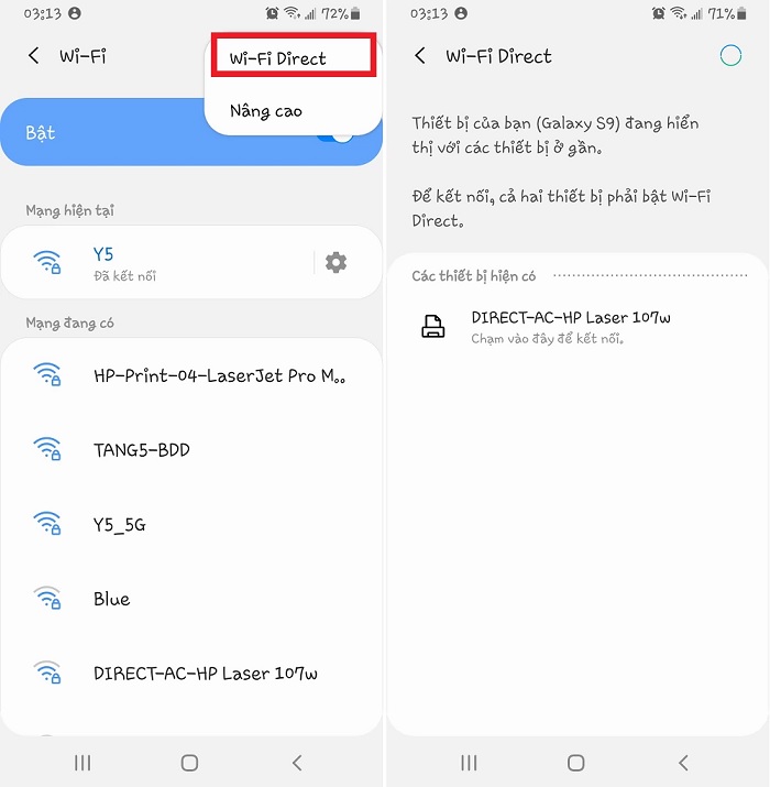 Nhấn vào nút 3 chấm ở góc trên bên phải màn hình chọn Wi-Fi Direct
