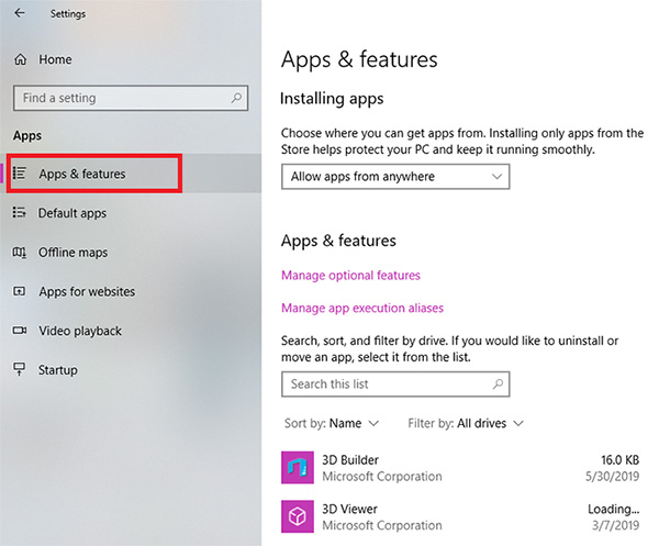 Mở mục App & features để xem danh sách ứng dụng