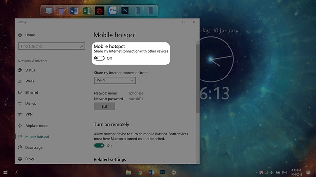 Bật nút Share như hình để bắt đầu phát wifi