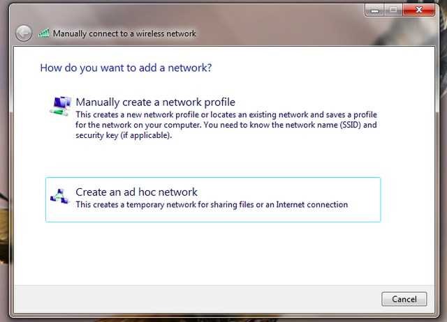 Chọn Create an ad hoc network