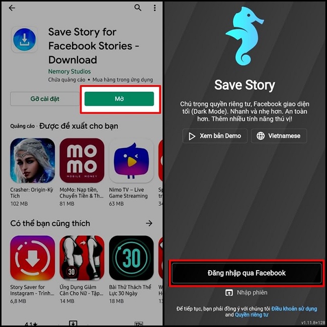 Đăng nhập vào Save Story for Facebook Stories bằng tài khoản Facebook cá nhân