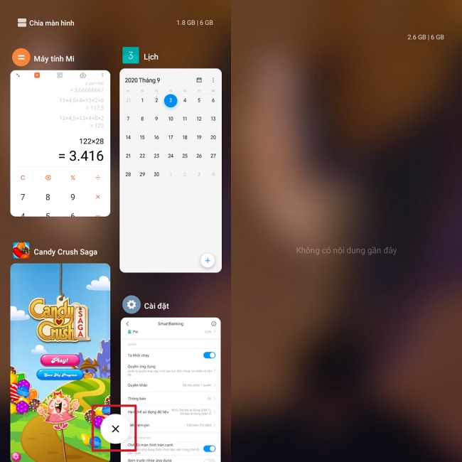 Muốn khắc phục các bạn chỉ cần vào nút đa nhiệm rồi xóa hết các ứng dụng đang chạy nền đi