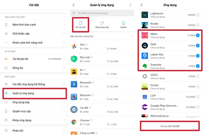 Xóa bộ nhớ cache các bạn hãy vào “Cài đặt” -> chọn “Quản lý ứng dụng” -> chọn các ứng dụng chiếm nhiều bộ nhớ -> nhân vào gỡ cài đặt để xóa dữ liệu