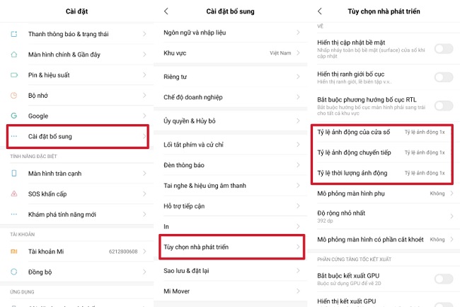 Sau khi đã trở thành nhà phát triển hãy chọn “Cài đặt bổ sung” -> chọn “Tùy chọn nhà phát triển” -> sau đó giảm tỷ lệ của ảnh động về 0.5x hoặc tắt ảnh động đi