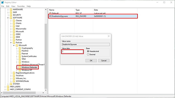 Cách tắt Windows Defender bằng Registry