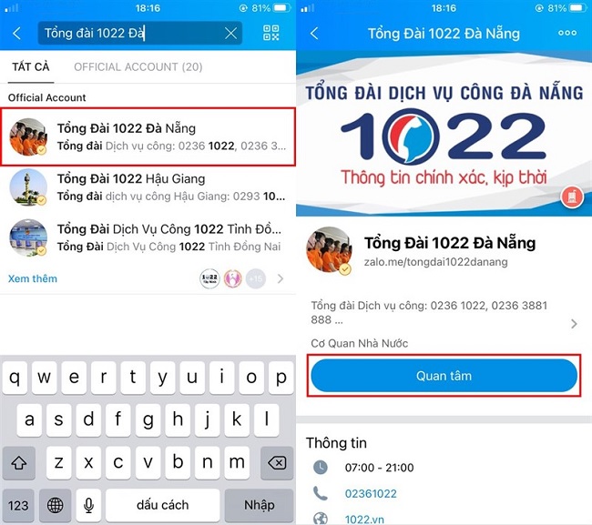 Vào Zalo và tìm tổng đài 1022 Đà Nẵng