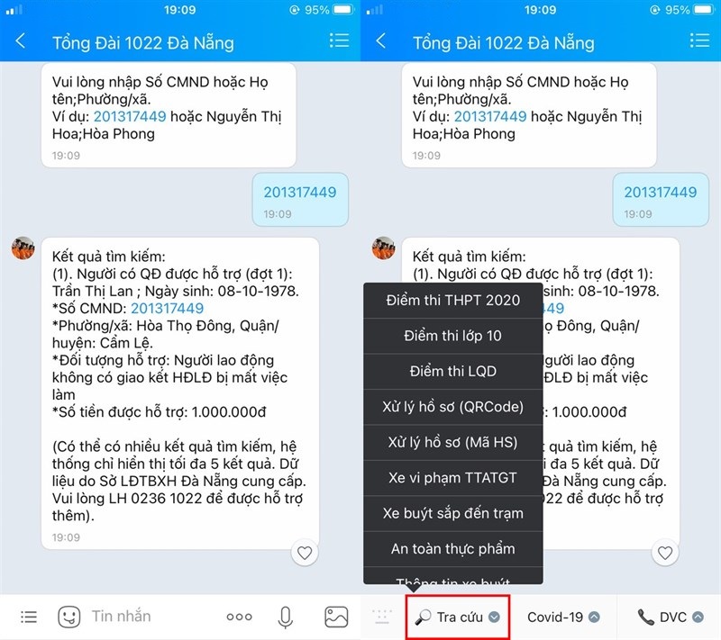 Kết quả được trả về sau khi tra cứu