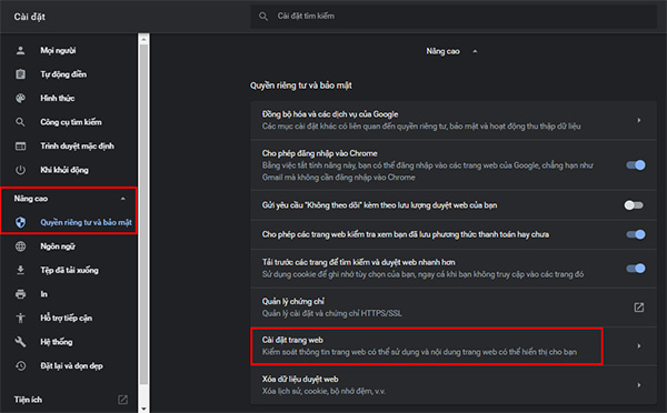 Tìm đến mục Nâng cao trong cài đặt Chrome