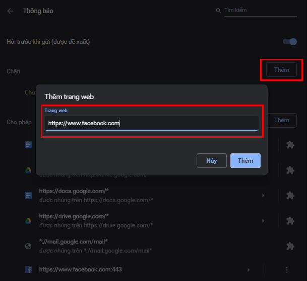 Đưa Facebook vào danh sách ứng dụng chặn thông báo