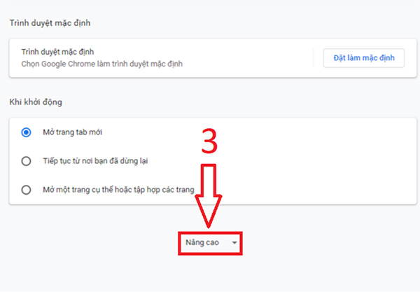 Chọn mục Nâng cao trong phần cài đặt của Chrome